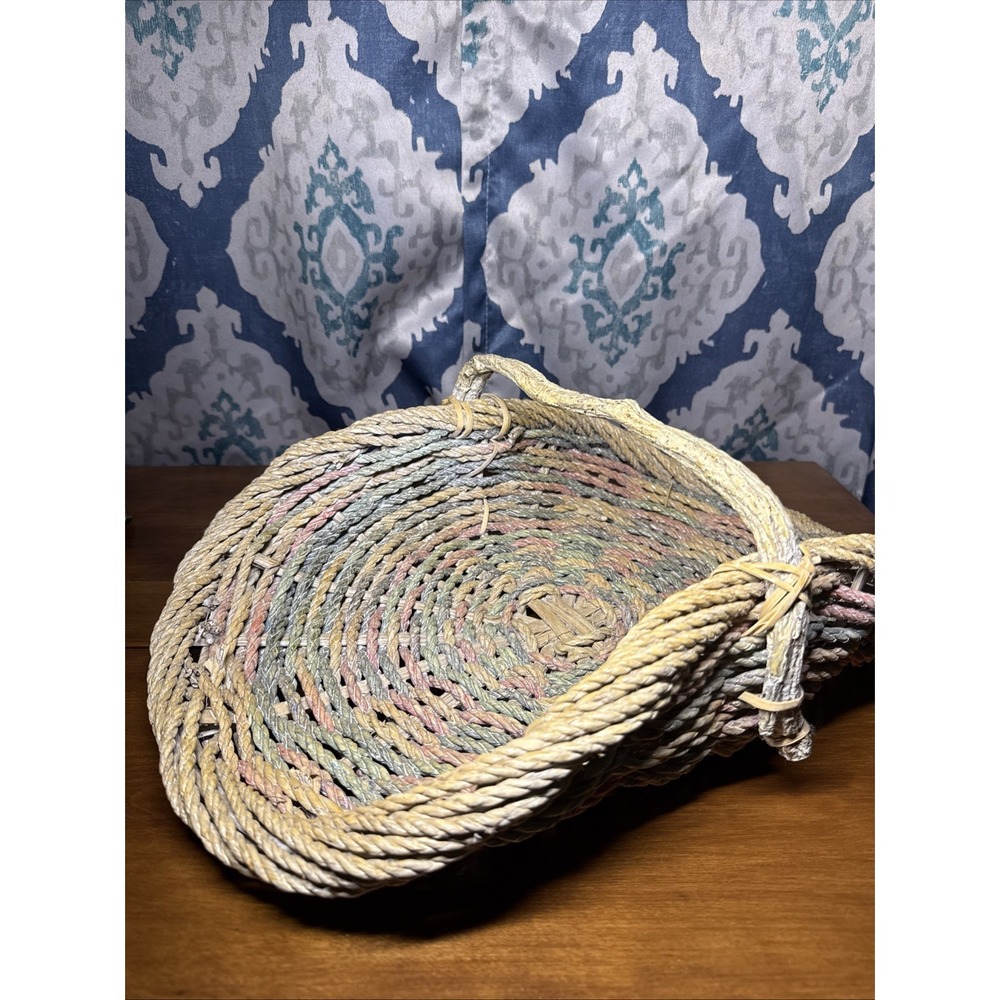 Vintage Rope Gathering Basket Large Distressed Branch Handle Pastel Colors
